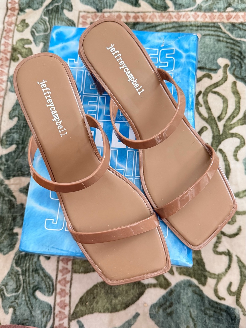 Jeffrey Campbell Brown Jelly Strap Square Toe Slide on block heels